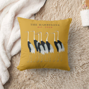 Vintage Gold Japanese Cranes Fine Art Monogram Throw Pillow