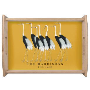Vintage Gold Japanese Cranes Monogram Family Est Serving Tray