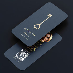 Vintage Gold Key Real Estate Agent QR Code Business Card