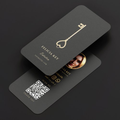 Vintage Gold Key Real Estate Agent QR Code Business Card