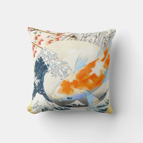 Vintage Gold Koi Pond of Japanese Culture Throw Pillow