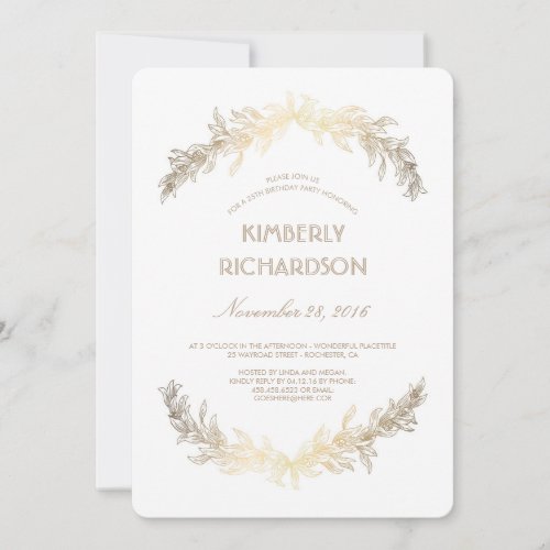 Vintage Gold Laurel Wreath Birthday Party Invitation - Gold foil effect laurel birthday party invitations with olive leaves wreath.