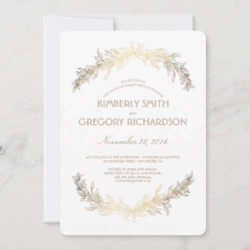 Vintage Gold Laurel Wreath Engagement Party Invitation - Gold foil effect laurel engagement party invitations with olive leaves wreath.