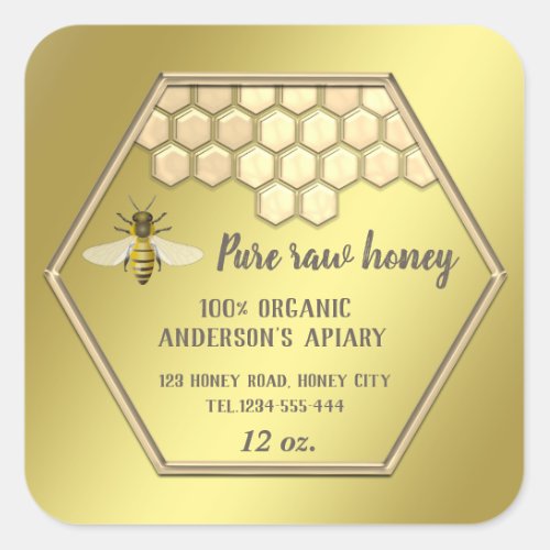 Vintage gold luxury bee honey comb honey jar square sticker