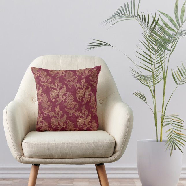 Vintage Gold Maroon Floral Damask Throw Pillow (Creator Uploaded)