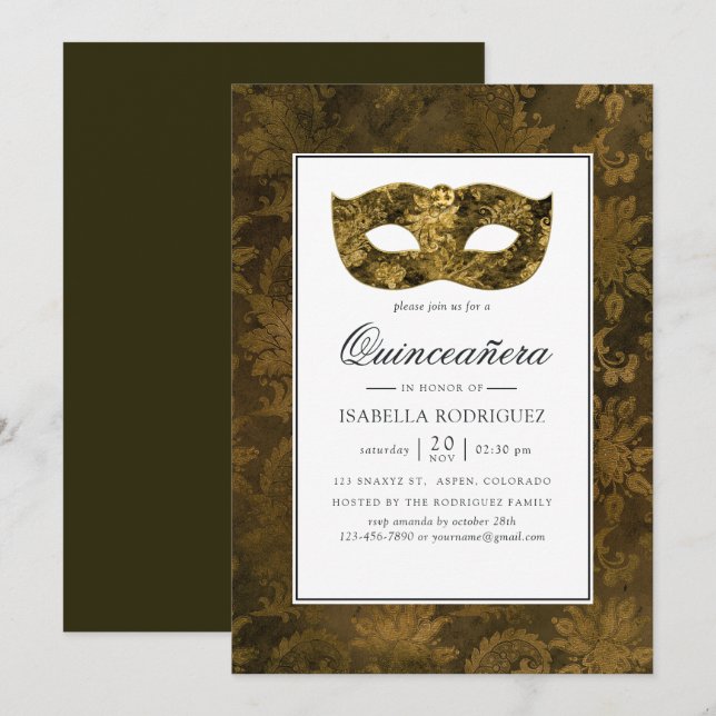 Vintage Gold Masquerade Damask Quinceañera Invitation (Front/Back)