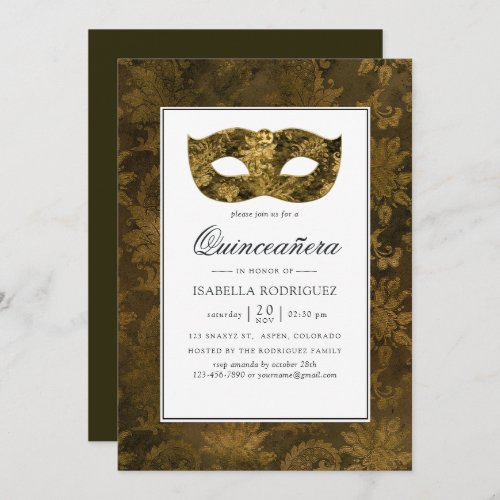 Vintage Gold Masquerade Damask Quinceaera Invitation