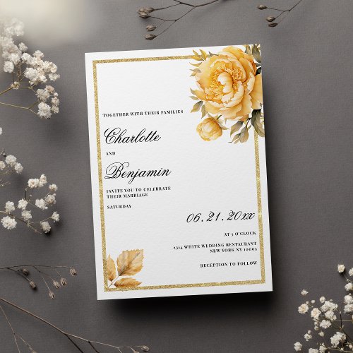 Vintage gold mauve green peony floral wedding invitation