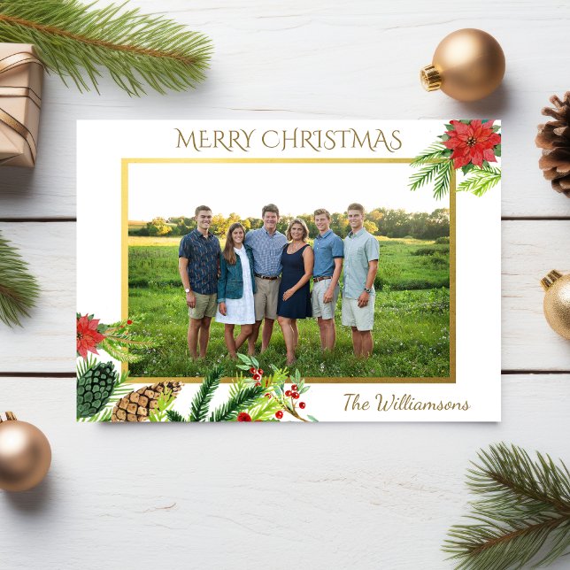 Vintage Gold Merry Christmas Botanicals Photo Holiday Card (Creator Uploaded)