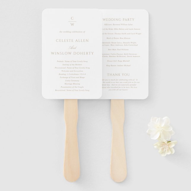Vintage Gold Monogram Classic Wedding Program Hand Fan (Front and Back)