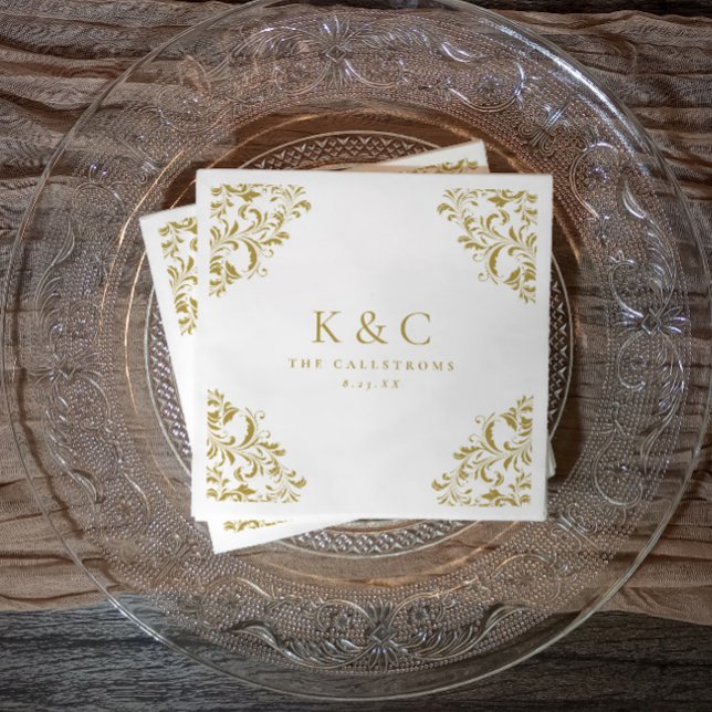 Vintage Gold Monogram Elegant Gold Wedding Napkins (Elegant gold monogram wedding napkin with printed baroque corners, perfect for receptions.)