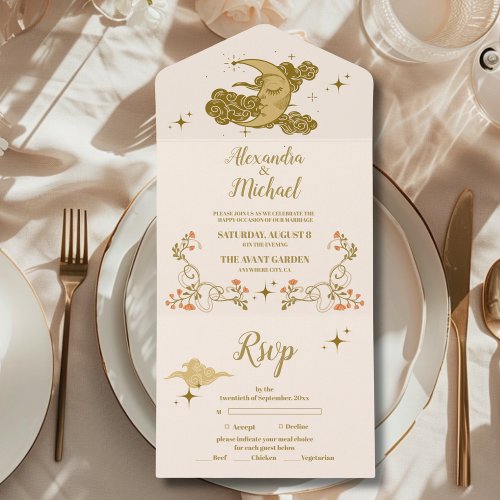 Vintage Gold Mystical Botanical Wedding All In One Invitation