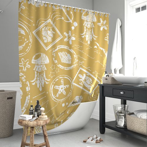 Vintage Gold Nautical Sea Stamp Shower Curtain