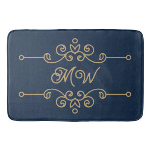 Vintage Gold & Navy Blue Elegant Flourish Monogram Bath Mat