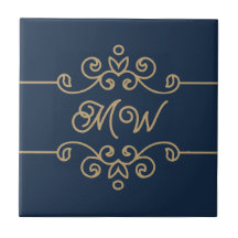 Vintage Gold & Navy Blue Elegant Flourish Monogram