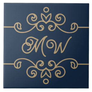 Vintage Gold & Navy Blue Elegant Flourish Monogram Ceramic Tile