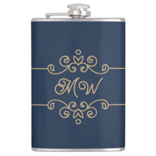 Vintage Gold & Navy Blue Elegant Flourish Monogram Flask