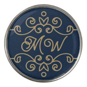 Vintage Gold & Navy Blue Elegant Flourish Monogram Golf Ball Marker