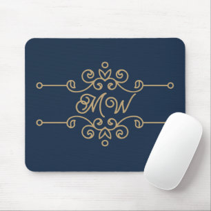 Vintage Gold & Navy Blue Elegant Flourish Monogram Mouse Pad
