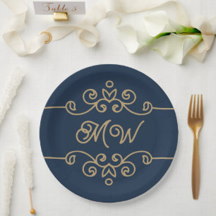 Vintage Gold & Navy Blue Elegant Flourish Monogram Paper Plates