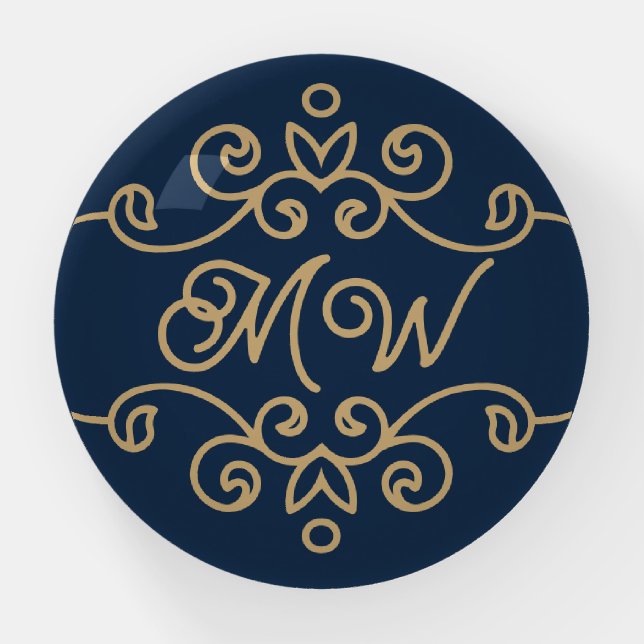 Vintage Gold & Navy Blue Elegant Flourish Monogram Paperweight (Front)