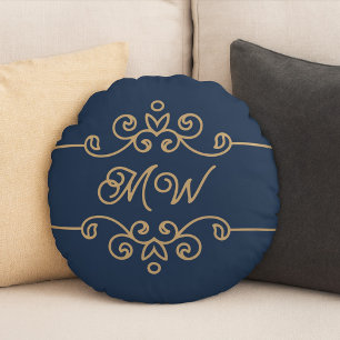Vintage Gold & Navy Blue Elegant Flourish Monogram Round Pillow