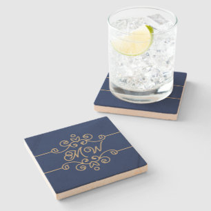 Vintage Gold & Navy Blue Elegant Flourish Monogram Stone Coaster