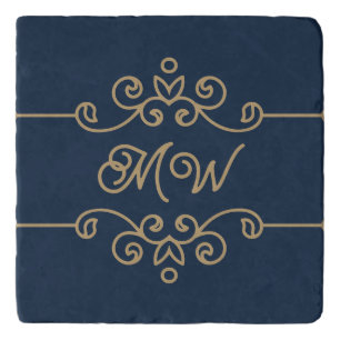 Vintage Gold & Navy Blue Elegant Flourish Monogram Trivet