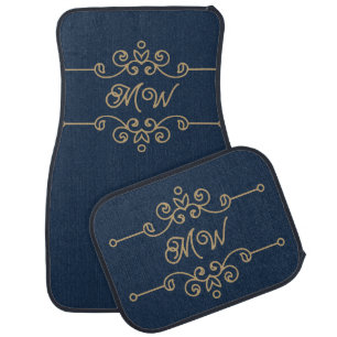 Vintage Gold & Navy Blue Flourish Monogram Luxury Car Floor Mat
