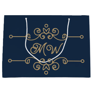 Vintage Gold & Navy Blue Flourish Monogram Luxury Large Gift Bag