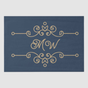 Vintage Gold & Navy Blue Flourish Monogram Luxury Tissue Paper