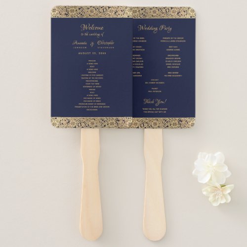 Vintage Gold Navy Blue Wild Roses Elegant Wedding Hand Fan