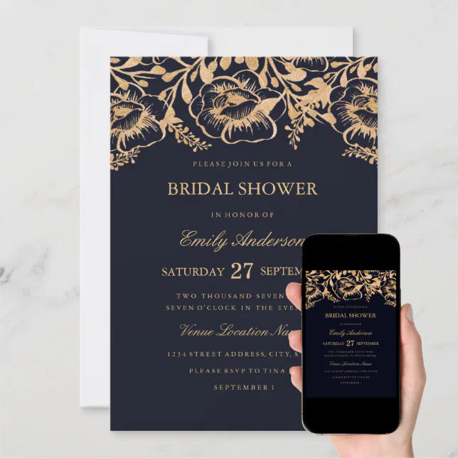 Vintage Gold Navy Floral Bridal Shower Invitation Zazzle