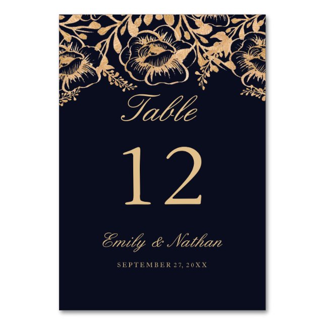 Vintage Gold Navy Floral Table Number Cards (Front)
