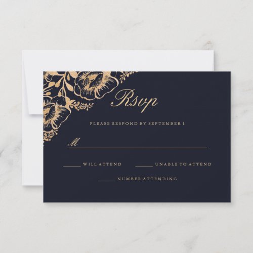 Vintage Gold Navy Floral Wedding RSVP