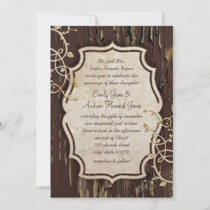 Vintage Gold Old Barn Wood Vine Swirl Wedding Invitation