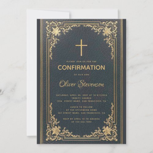 Vintage Gold on Navy Blue Elegant Boy Confirmation Invitation