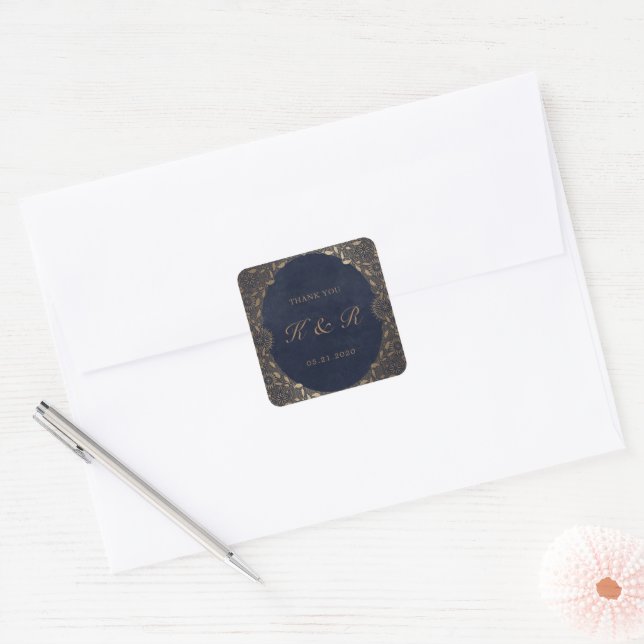Vintage Gold Ornament Thank You Wedding Square Sticker (Envelope)