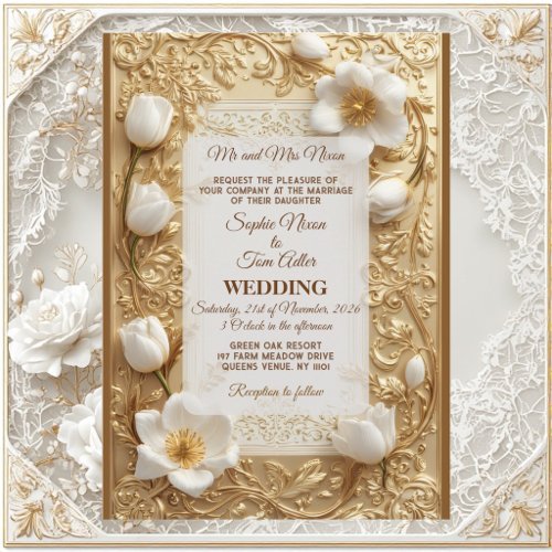 Vintage Gold Ornate White Tulip Chic Royal Wedding Invitation
