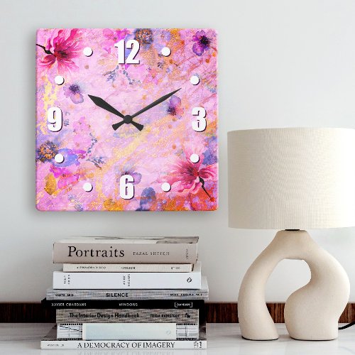 Vintage gold pink floral watercolor romantic chic square wall clock