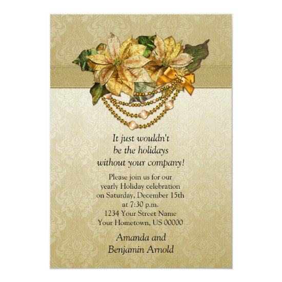 Vintage Gold Poinsettias Holiday Invitation