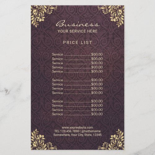 Vintage Gold Purple Damask Beauty Salon Price List Flyer