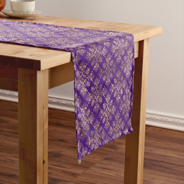 Vintage Gold Purple Damask Short Table Runner (In Situ)