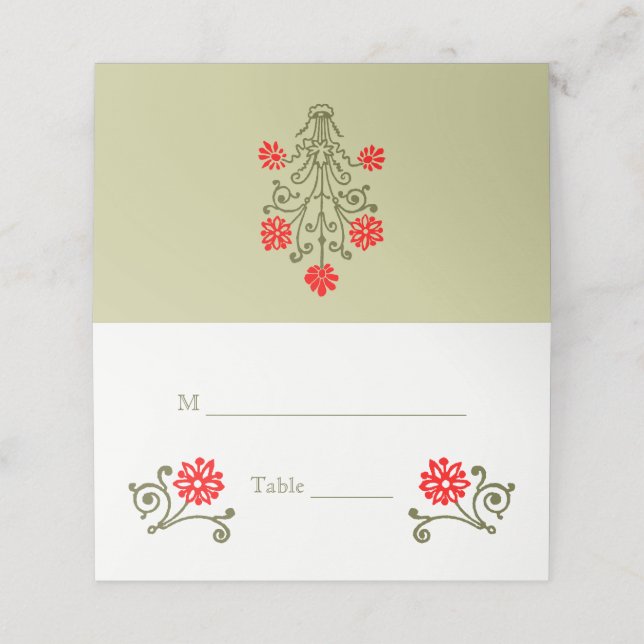 Vintage Gold Red Floral Etching Place Cards (Outside Unfolded)