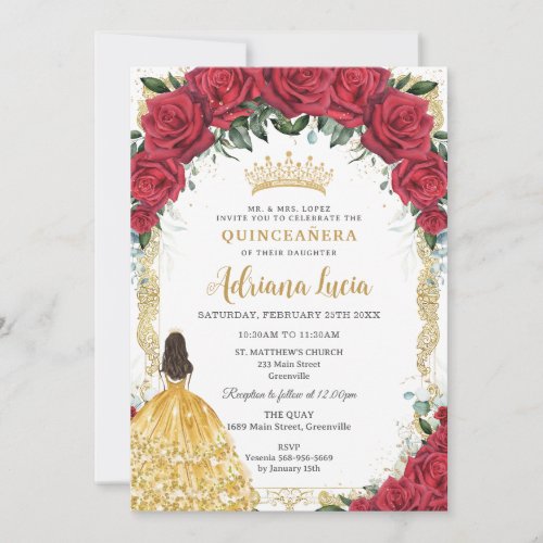 Vintage Gold Red Roses Yellow Dress Quinceaera Invitation