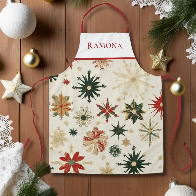 Vintage Gold & Red Snowflakes Personalized Apron (Vintage Gold & Red Snowflakes Personalized Apron)