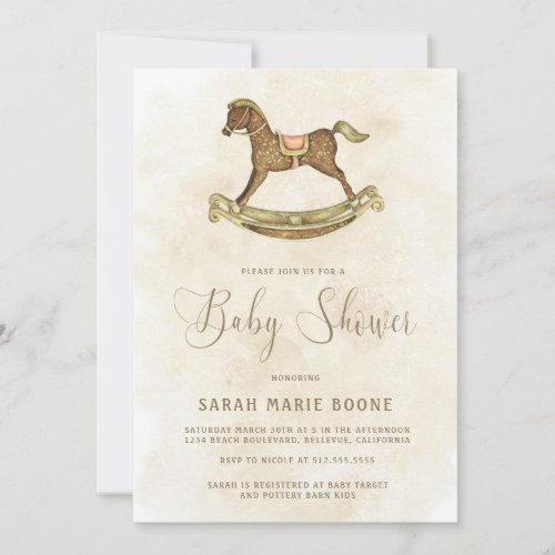 Vintage Gold Rocking Horse Baby Shower Invitation
