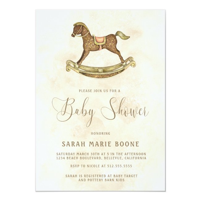 Vintage Gold Rocking Horse Baby Shower Invitation