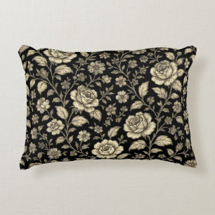 Vintage Gold Rose Floral Pattern on Black Accent Pillow