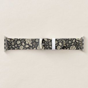Vintage Gold Rose Floral Pattern on Black Apple Watch Band